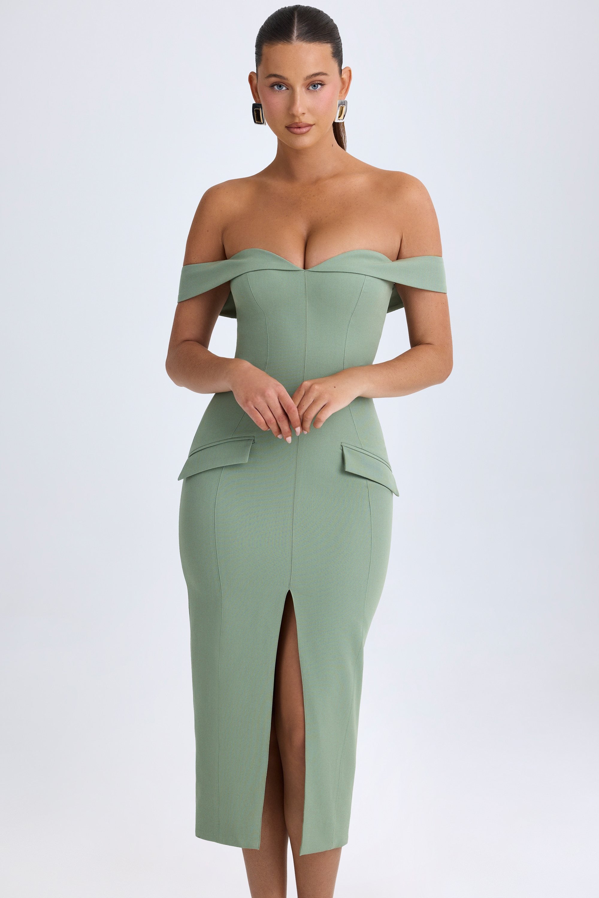 Off-Shoulder Midaxi Dress in Khaki Green - 1