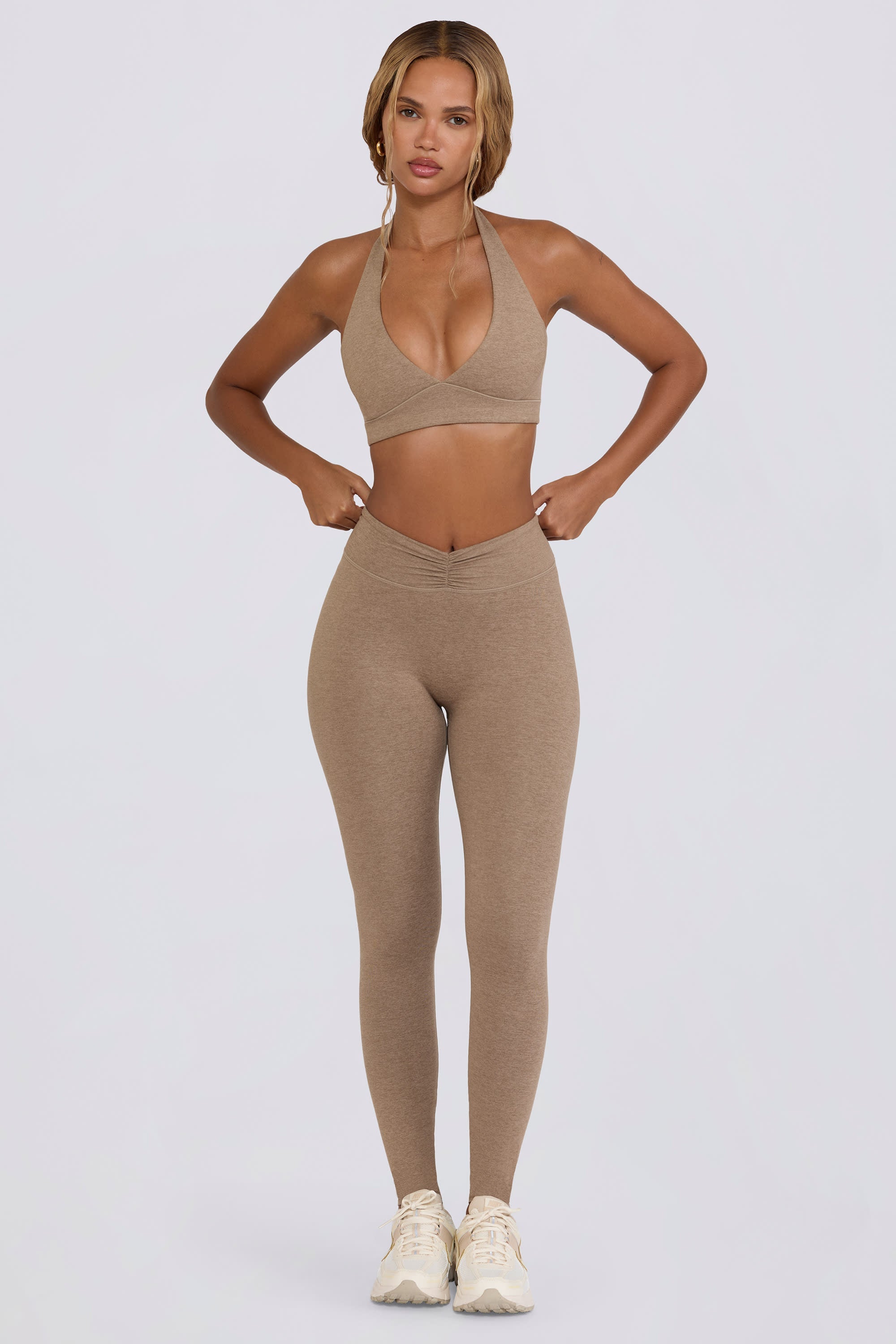 Brushed Jersey Ruched Mid-Rise Leggings in Mocha Marl - 2