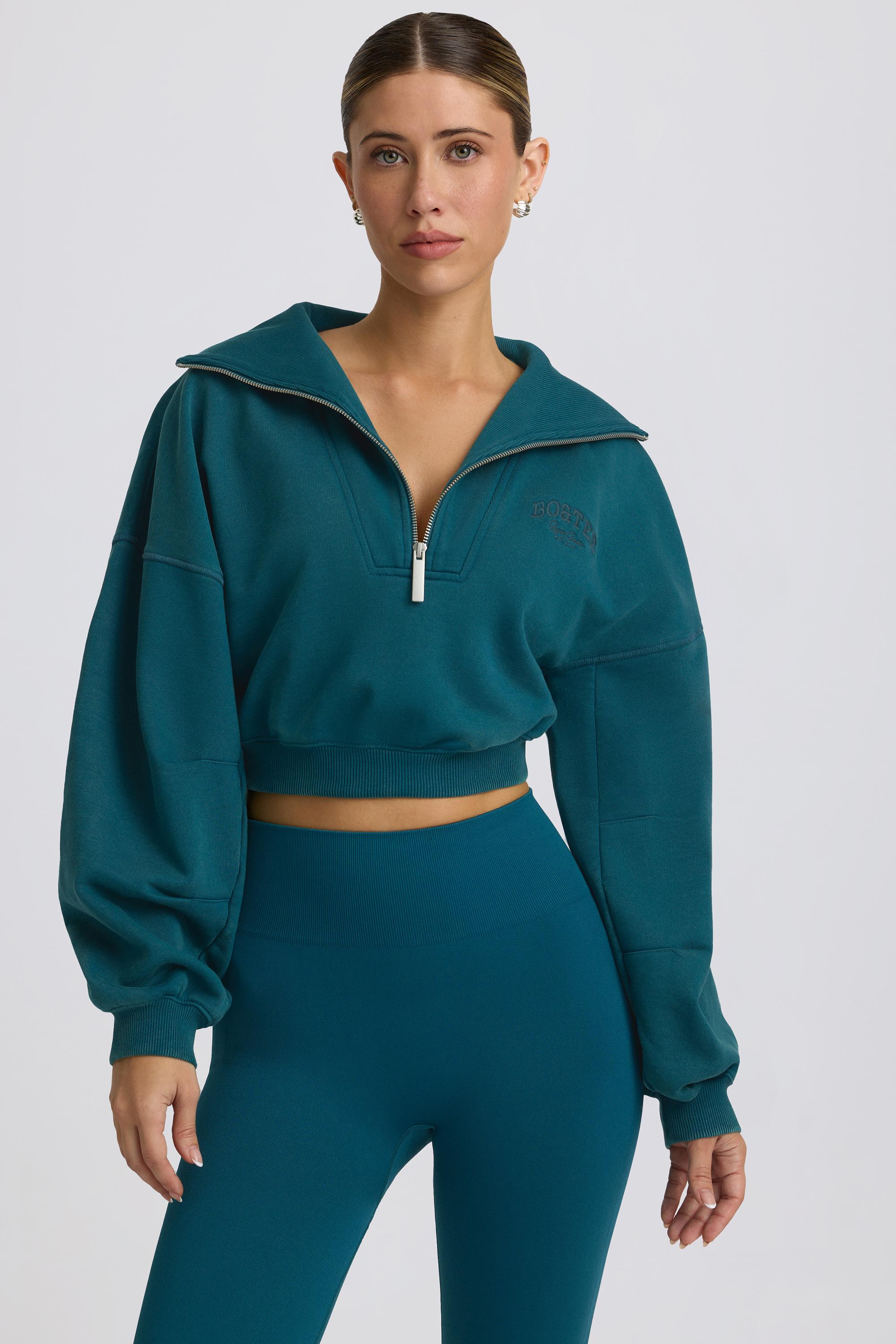 Quarter-Zip Cropped Sweatshirt in Teal - 1