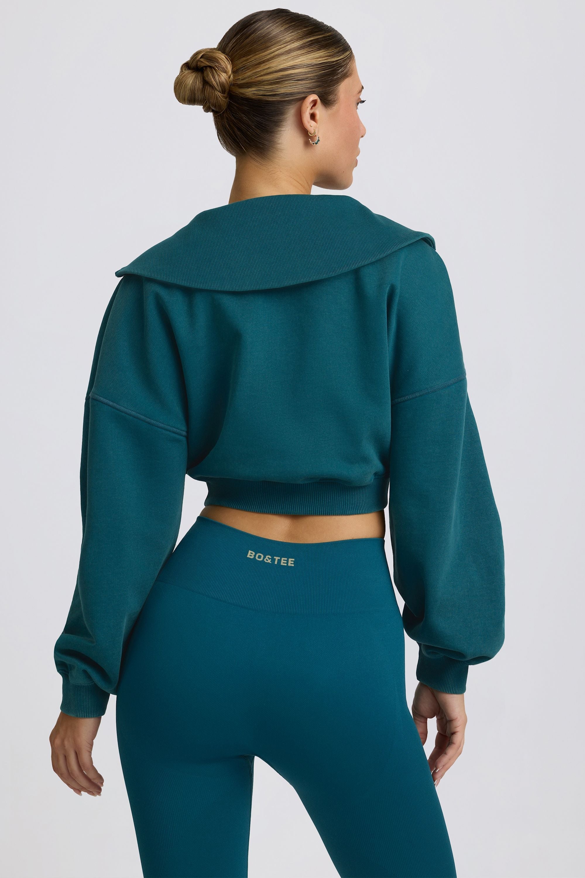 Quarter-Zip Cropped Sweatshirt in Teal - 2