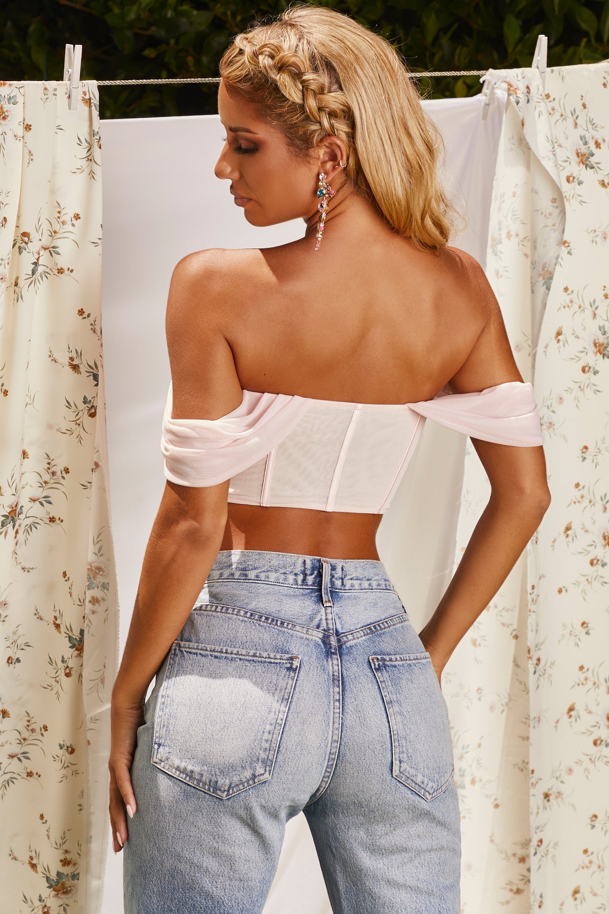 Runway Bardot Mesh Corset Crop Top in Pink